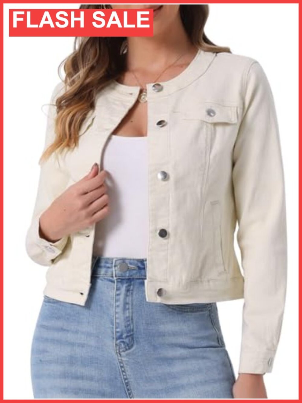 Collarless Denim Jacket Round Neck Crop Jean Jacket Long Sleeve
